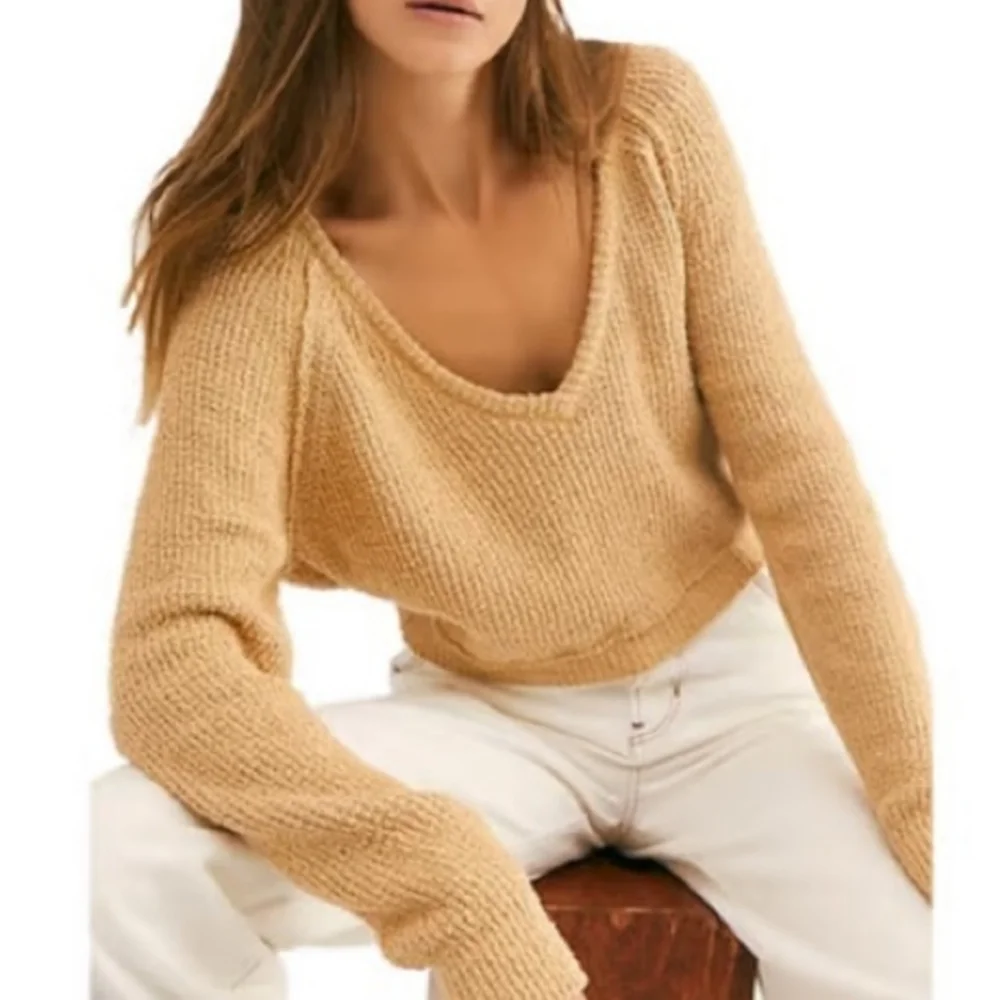 Free People Ochre Cozy V-neck Long Sleeve Knit Sweater.